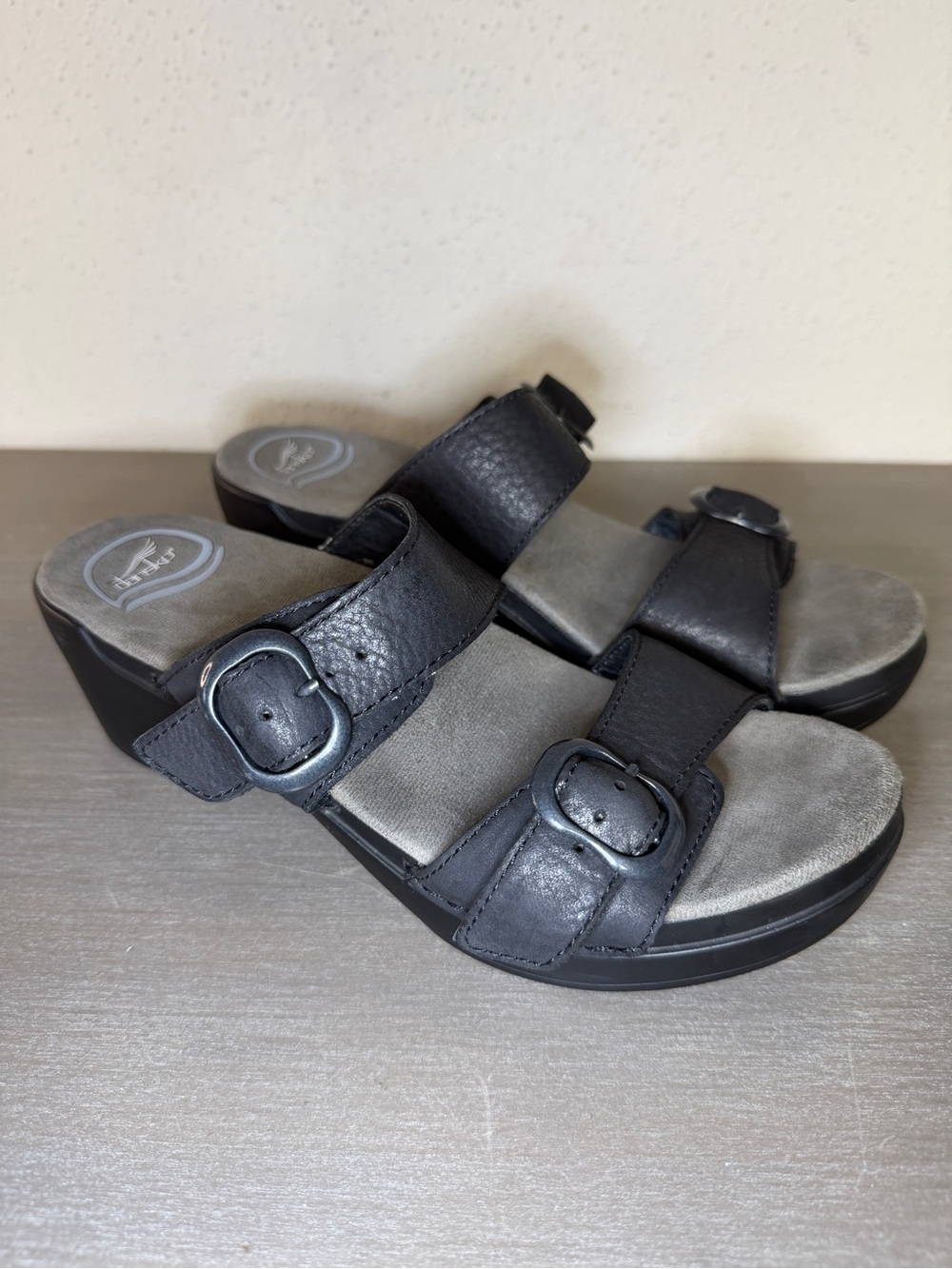 Dansko Womens Sophie Sandals 38 US 7.5-8 Black Wedge Slide Leather Comfort Shoes